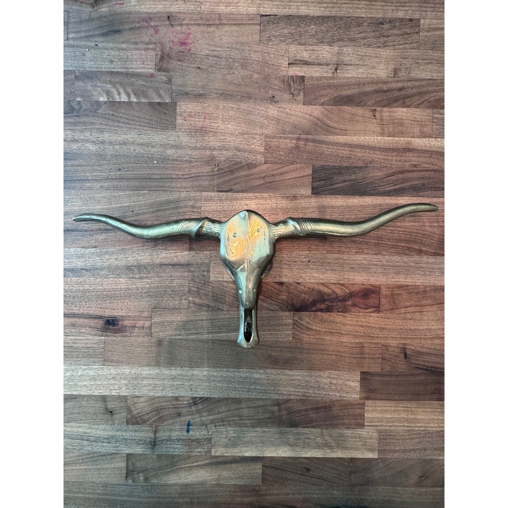 Vintage Brass Longhorn Bull Skull Wall Hanging Western Decor 19.5 Inch Horns